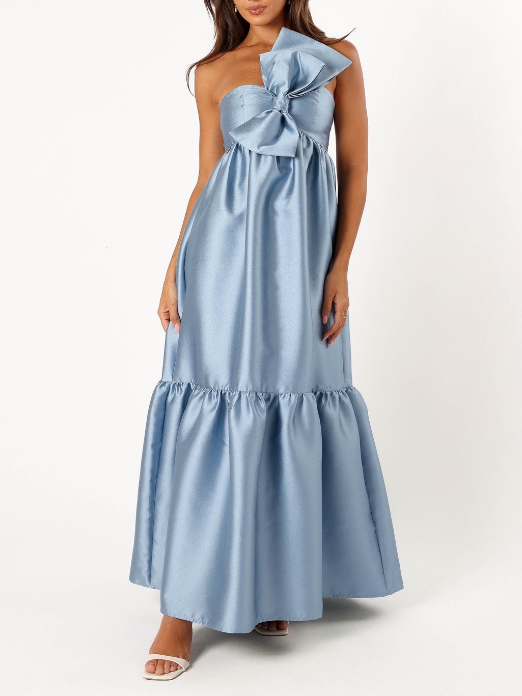 Nwt Petal & Pup 119$ One-Shoulder Satin Maxi Dress In Light Blue With Bow Detail